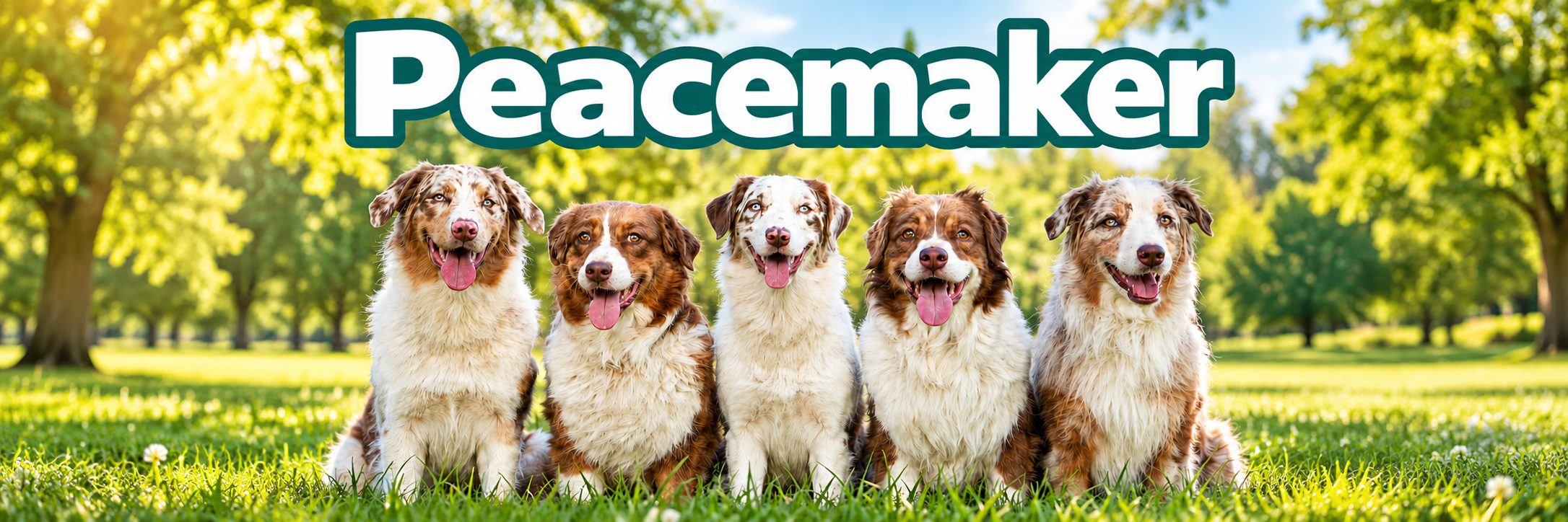 Five Australian shepherds sitting together on grass in a sunny park, beneath the Peacemaker name.