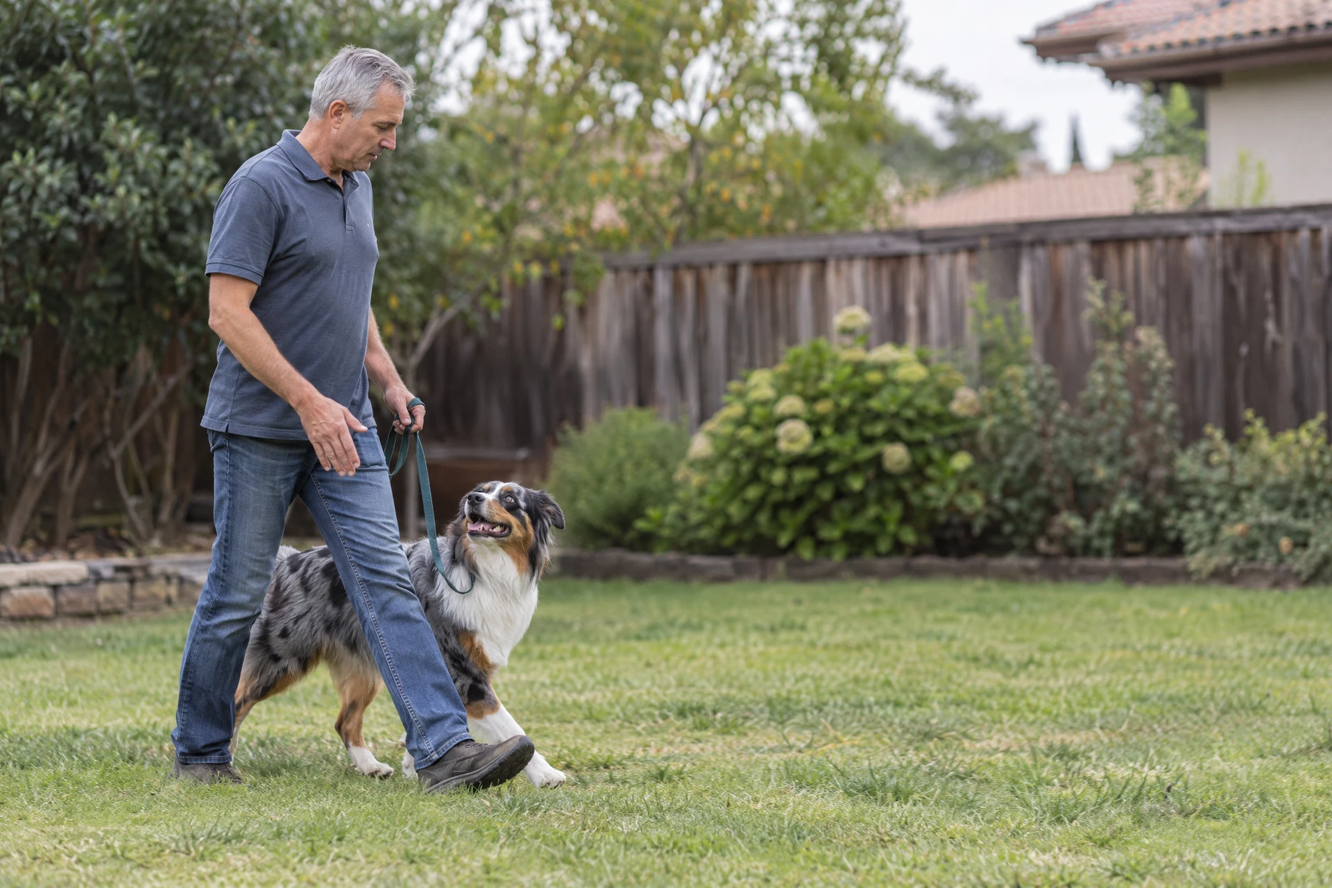 A trainer walking a dog on a loose leash across a backyard lawn during a one-to-one session.