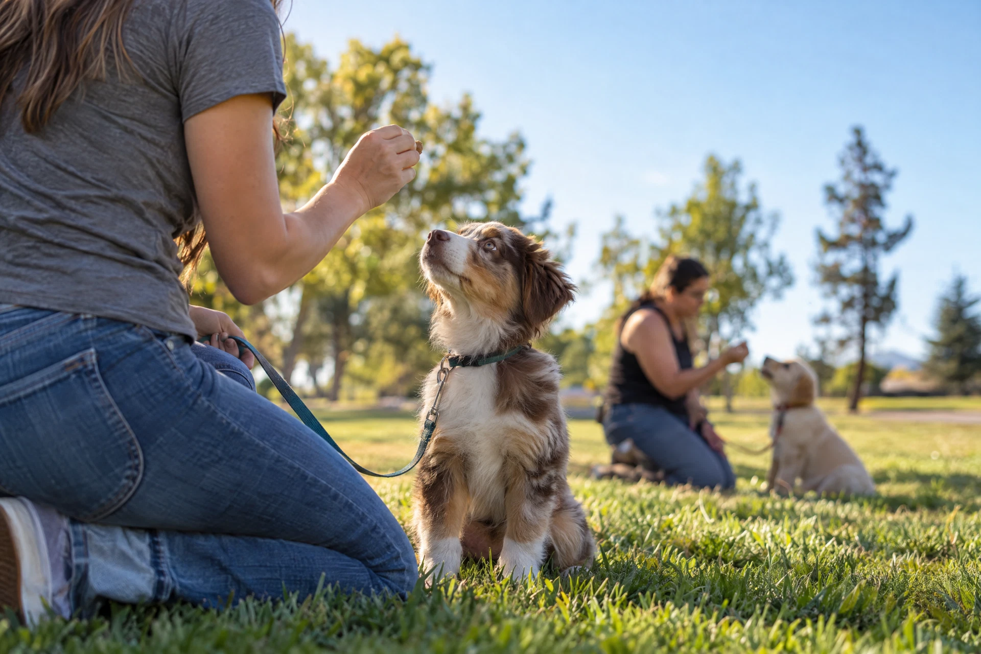 A puppy sitting on grass looking up at a kneeling owner who is holding a treat.