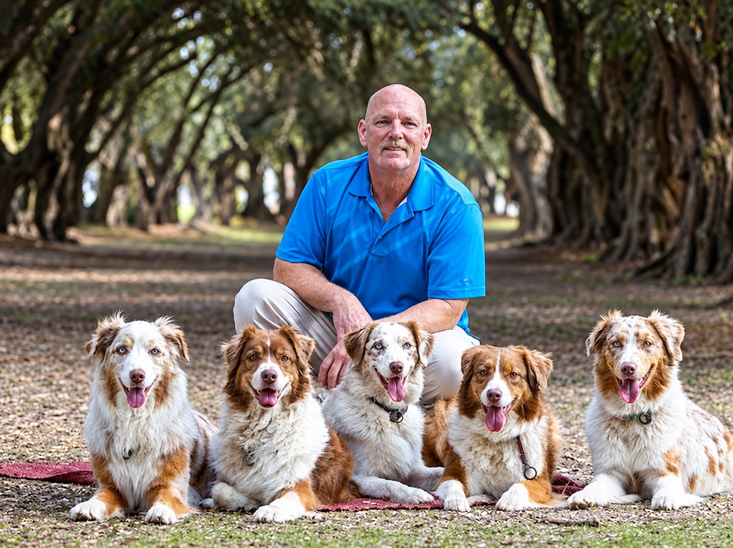 Scott Streetman seated on the ground with five dogs lined up in front of him, all holding a down position.